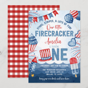 Little Firecracker 4:e juli 1:a födelsedagen Party Inbjudningar