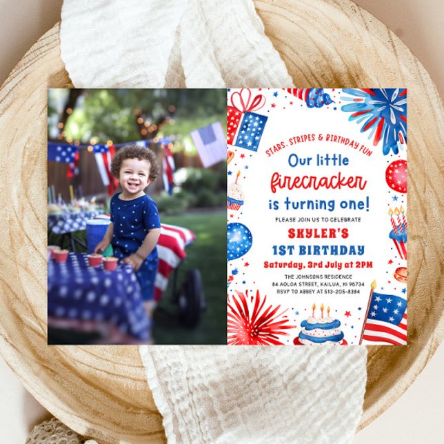 Little Firecracker 4:e juli 1:a födelsedagen Party Inbjudningar (Watercolor Patriotic Little Firecracker 4th of July 1st Birthday Party Invitation)