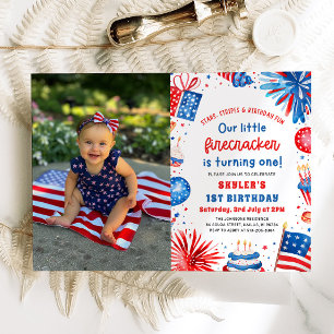 Little Firecracker 4:e juli 1:a födelsedagen Party Inbjudningar