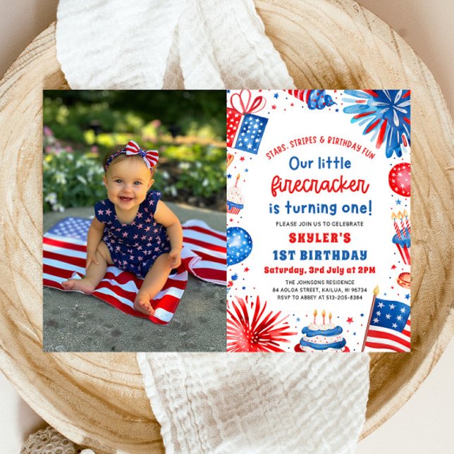 Little Firecracker 4:e juli 1:a födelsedagen Party Inbjudningar (Watercolor Patriotic Little Firecracker 4th of July 1st Birthday Party Invitation)