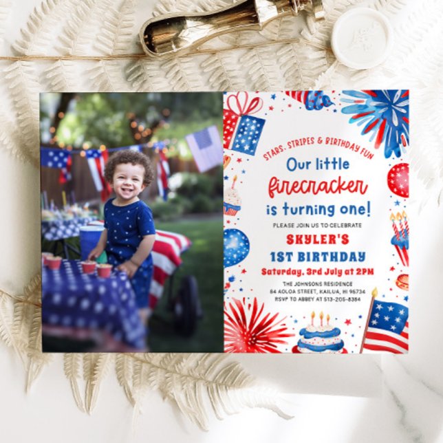 Little Firecracker 4:e juli 1:a födelsedagen Party Inbjudningar (Watercolor Patriotic Little Firecracker 4th of July 1st Birthday Party Invitation)
