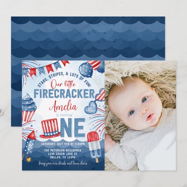 Little Firecracker 4:e juli 1:a födelsedagen Party Inbjudningar (Fram/baksida)