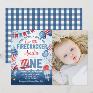 Little Firecracker 4:e juli 1:a födelsedagen Party Inbjudningar