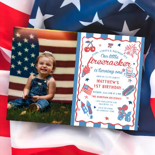 Little Firecracker 4:e juli 1:a födelsedagsfotot Inbjudningar