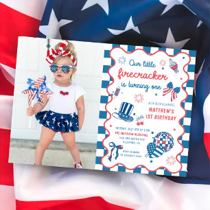 Little Firecracker 4:e juli 1:a födelsedagsfotot Inbjudningar