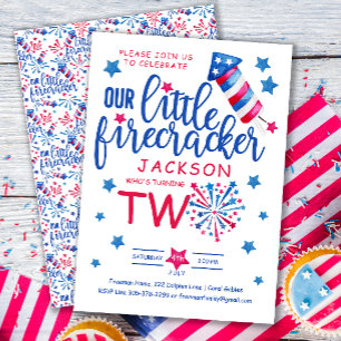 Little Firecracker 4:e juli 2:a födelsedagen Party Inbjudningar