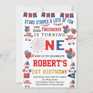 Little Firecracker Gnome 1:a födelsedagen 4:e Jull Inbjudningar