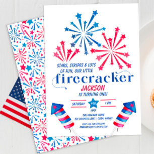 Little Firecracker Rött vitt blått Födelsedagsfest Inbjudningar