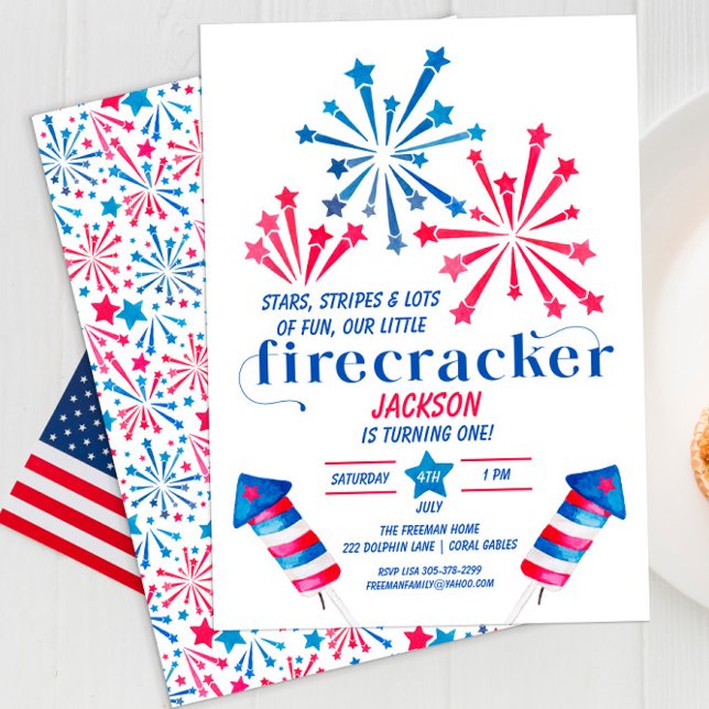 Little Firecracker Rött vitt blått Födelsedagsfest Inbjudningar (Skapare uppladdad)