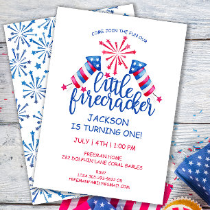 Little Firecracker Watercolor 4:e juli Birthday Inbjudningar