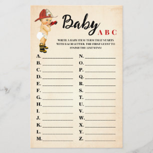Little Firefighter Baby ABC Baby Shower Game Card Flygblad