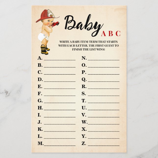 Little Firefighter Baby ABC Baby Shower Game Card Flygblad (Framsidan)
