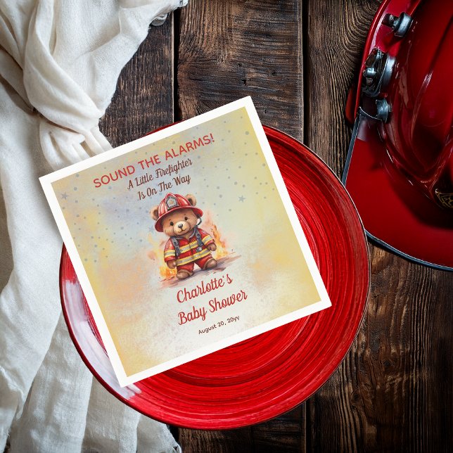 Little Firefighter Teddy Bear Baby Shower  Pappersservett (Sound the Alarms!  A Little Firefighter Is On The Way Cute Teddy Bear Baby Shower Paper Napkins)