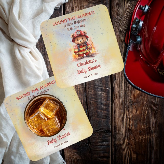 Little Firefighter Teddy Bear Baby Shower  Underlägg Papper Kvadrat (Sound the Alarms!  A Little Firefighter Is On The Way Cute Teddy Bear Baby Shower Paper Coaster)