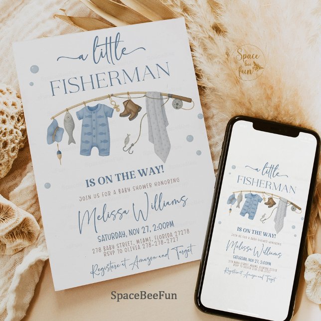 Little Fisherman Fishing Reel Baby Shower Inbjudningar (baby shower invitation, fishing baby shower, little fisherman, rustic baby shower, gone fishing them)