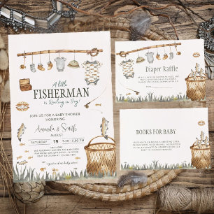 Little Fisherman Watercolor Fishing Baby Shower Inbjudningar