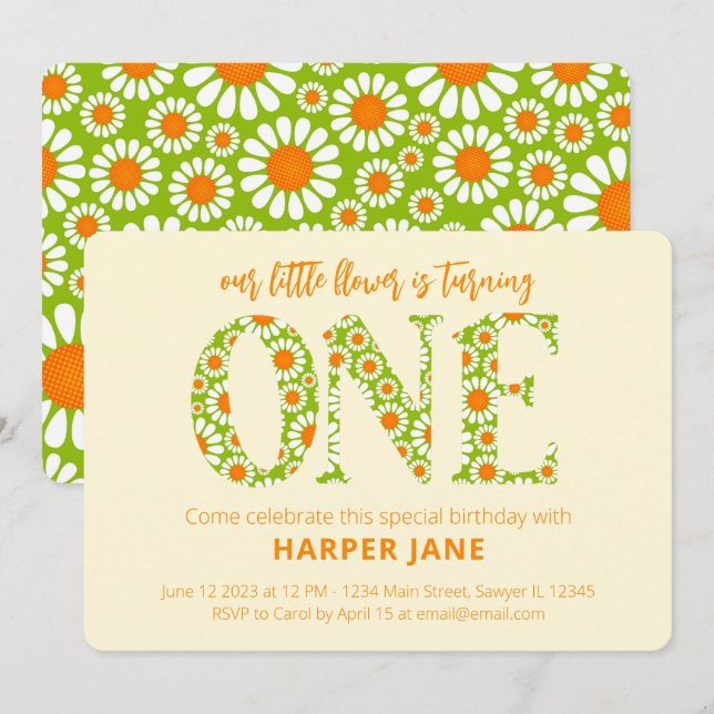 Little Flower Cute Daisy First Birday Inbjudningar (Fram/baksida)