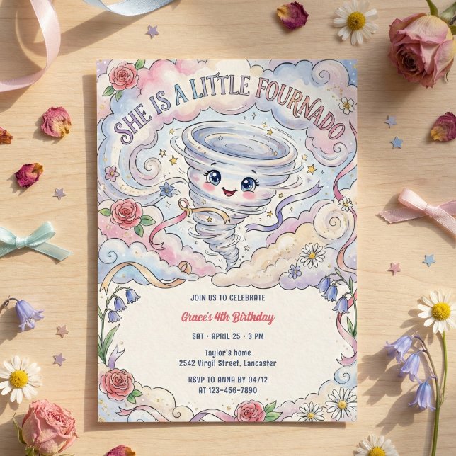 Little Fournado Cute Tornado Girl Birthday Party Inbjudningar (Little Fournado Cute Tornado Girl Birthday Party Invitation)