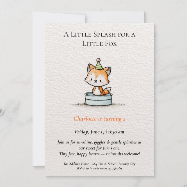 Little Fox Bassäng Party födelsedagsinbjudan Inbjudningar (Framsida)