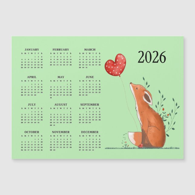 Little Fox Design 2026 Calendar Magnetic Card (Framsida)