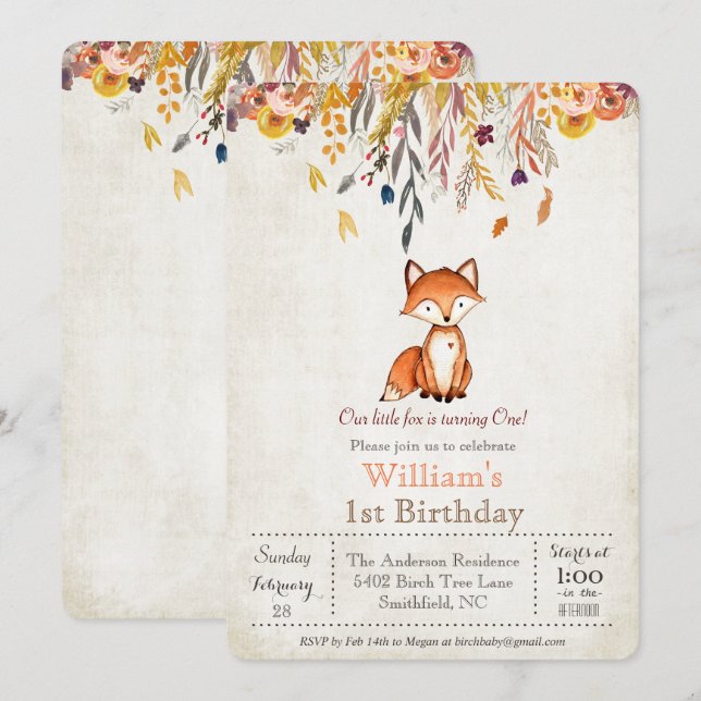 Little Fox Fall 1-års födelsedagsinbjudan Inbjudningar (Fram/baksida)