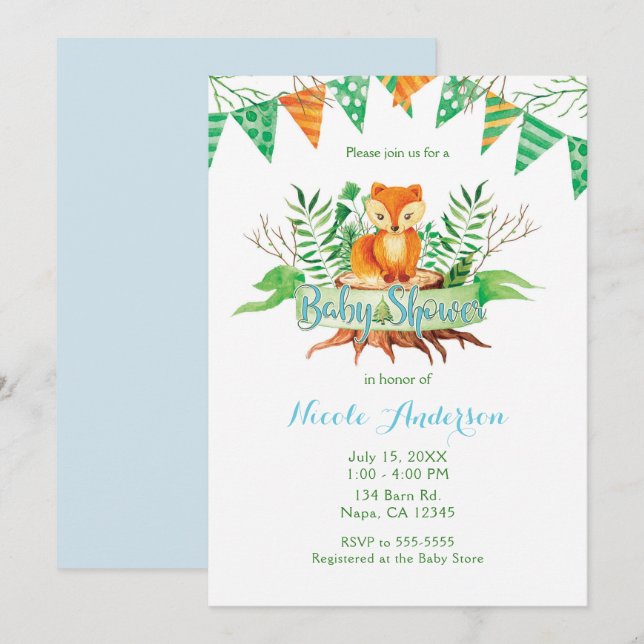 Little Fox i Forest Watercolor Baby Shower Inbjudningar (Fram/baksida)