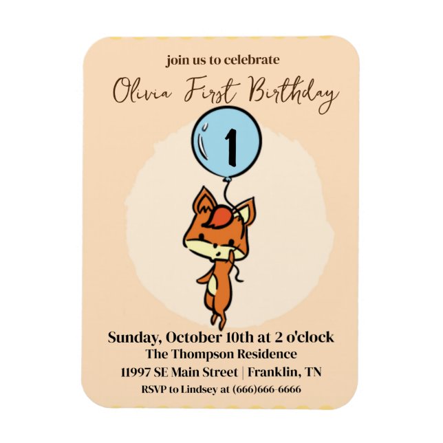 Little Fox med ballonger 1:a födelsedagen Magnet (Vertikal)