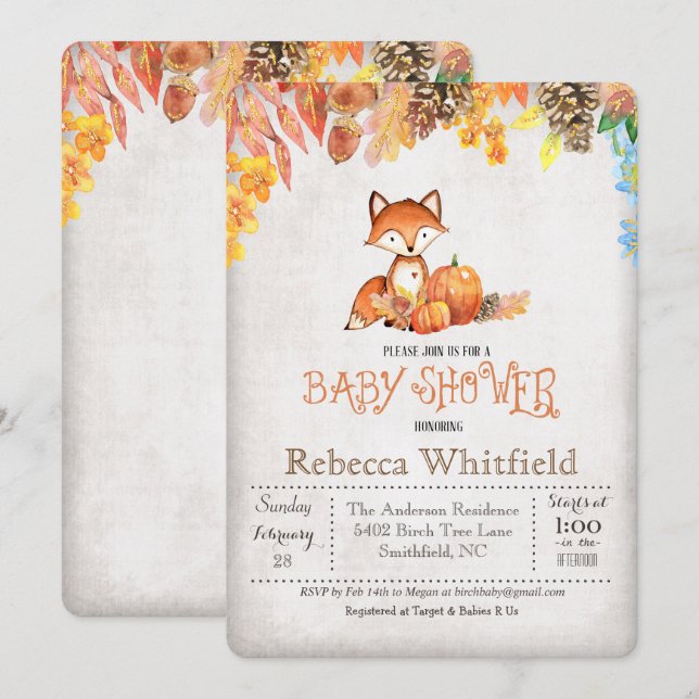 Little Fox Pumpkin Baby Shower-inbjudan Inbjudningar (Fram/baksida)