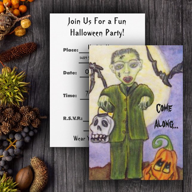 Little Frankenstein Anpassningsbar Halloween-inbju Inbjudningar (Little Frankenstein with skull, pumpkin and bats in full moon on Halloween party invitations.)