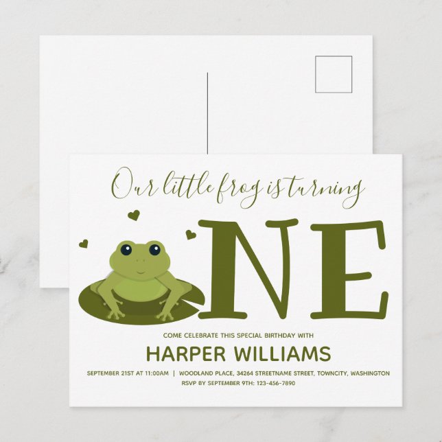 Little Frog Turving One Cute Animal First Birthday Inbjudan Vykort (Fram/baksida)