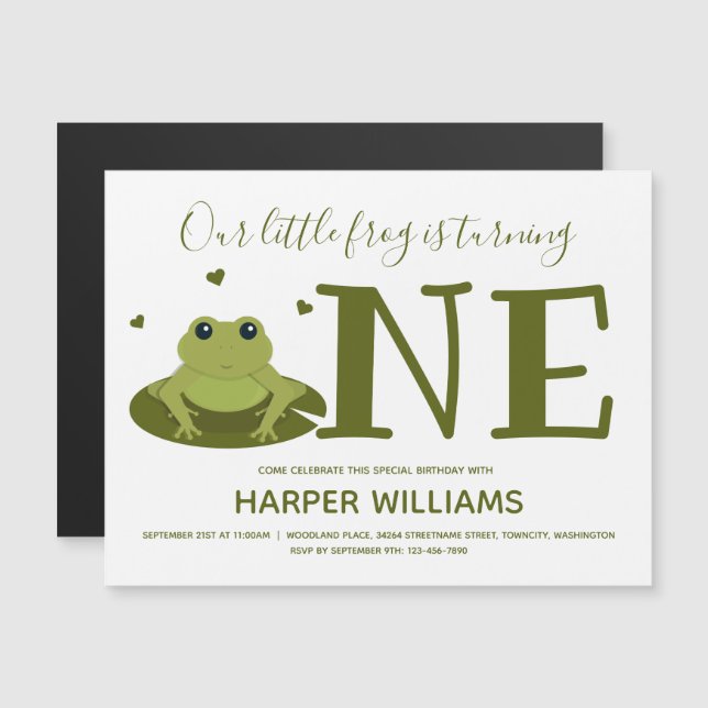 Little Frog Turving One Cute Animal First Birthday Magnetisk Inbjudningskort (Fram/baksida)
