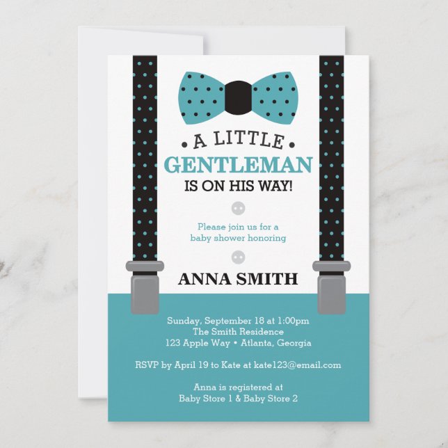 Little gentleman Baby Shower Inbjudan, Teal, Black Inbjudningar (Framsida)