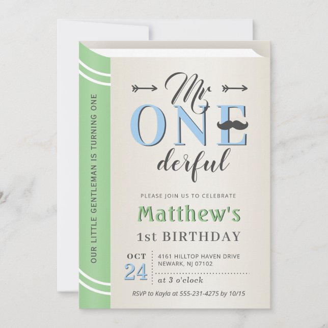 Little gentleman Mr Onederful 1st First Birthday Inbjudningar (Framsida)