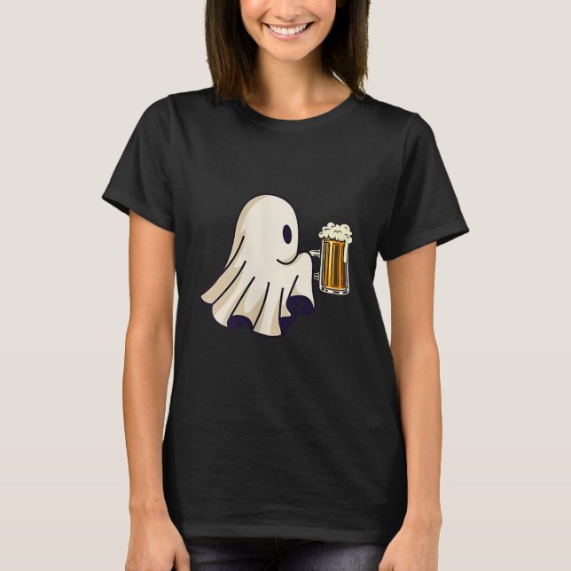 Little Ghost Drinking Beer Funny Halloween Costume T Shirt (Framsida)