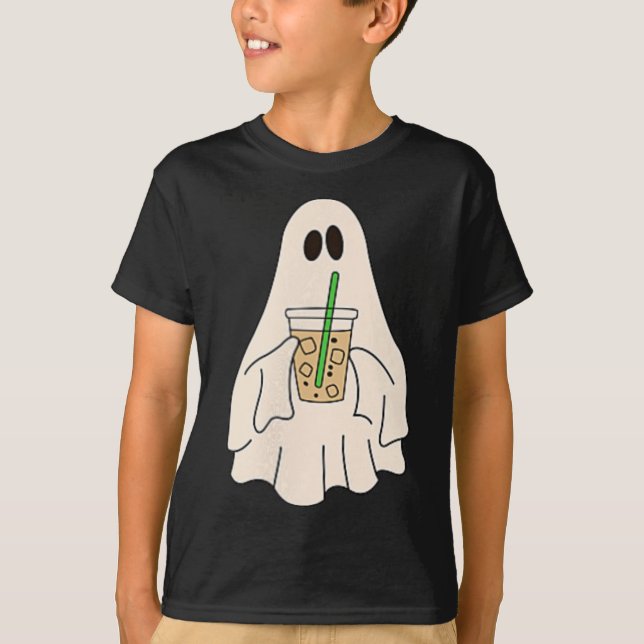 Little Ghost Drinking Iced Coffee Halloween Spooky T Shirt (Framsida)