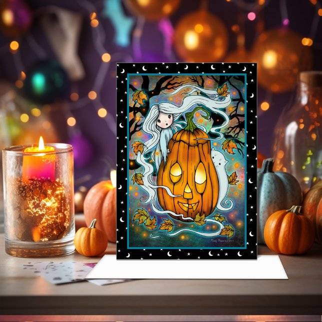 Little Ghost med Giant Pumpkin Cute Art Kort (Skapare uppladdad)