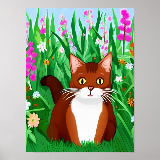 Little Ginger Brown Kattunge i Fält i Flowers Poster (Framsidan)