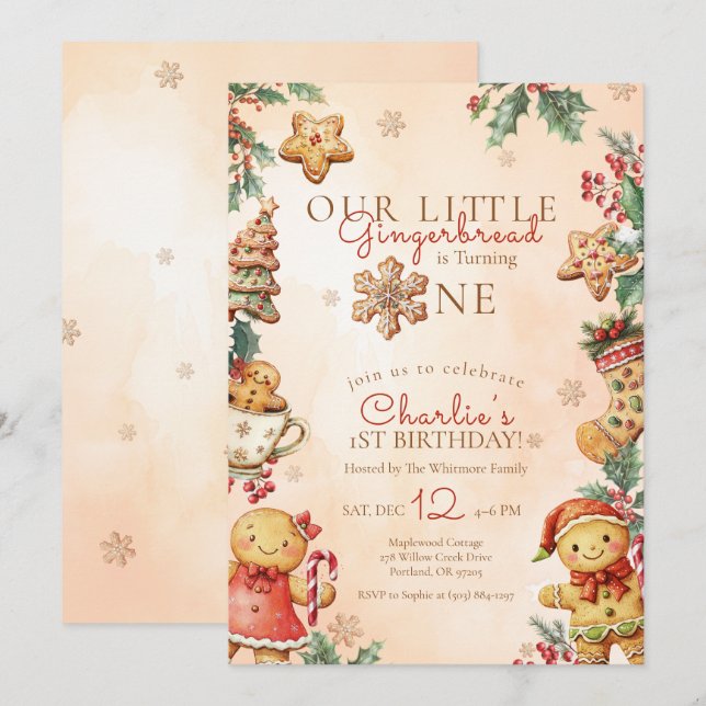 Little Gingerbread 1st Birthday Christmas Inbjudningar (Fram/baksida)