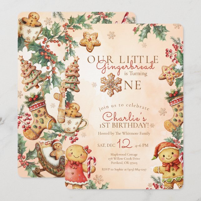 Little Gingerbread Christmas 1st Birthday Inbjudningar (Fram/baksida)