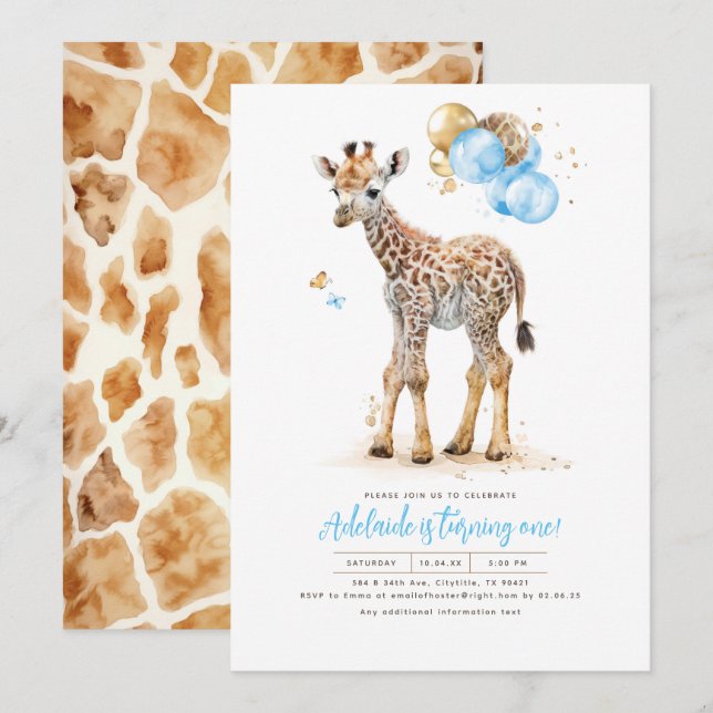 Little Giraffe Blue och Brown Boho Birthday Inbjudningar (Fram/baksida)