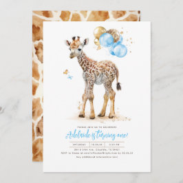 Little Giraffe Blue och Brown Boho Birthday Inbjudningar