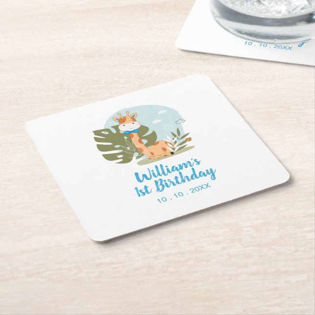 Little Giraffe (Boy Safari Animal) Födelsedag Underlägg Papper Kvadrat (Vinklad)