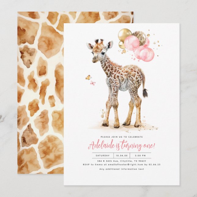 Little Giraffe Rosa och Brown Girl's Birthday Inbjudningar (Fram/baksida)