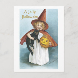 Little Girl and Black Cat Jolly Halloween Helg Vykort