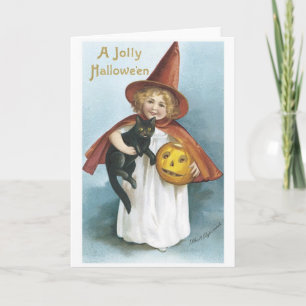 Little Girl and Black Cat Jolly Halloween Kort