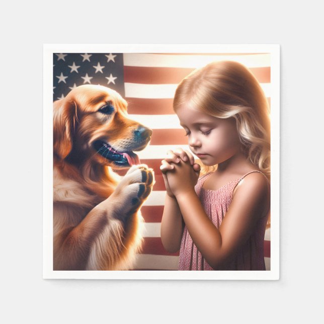 Little Girl and Golden Retriever Praying Pappersservett (Framsidan)