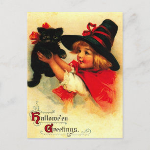 Little Girl and her Black Cat Vykort