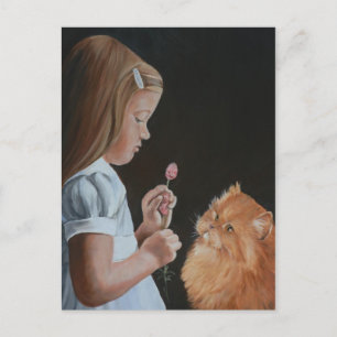 Little Girl and Persian Cat Art Postcard Vykort
