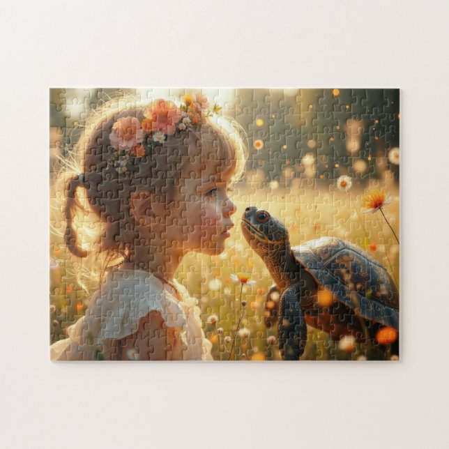 Little girl and the turtle in the wildflowers pussel (Horisontell)