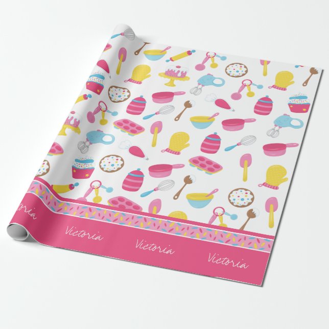 Little Girl Baker Rosa Cooking Mönster Chef Kid Presentpapper (Utrullad)